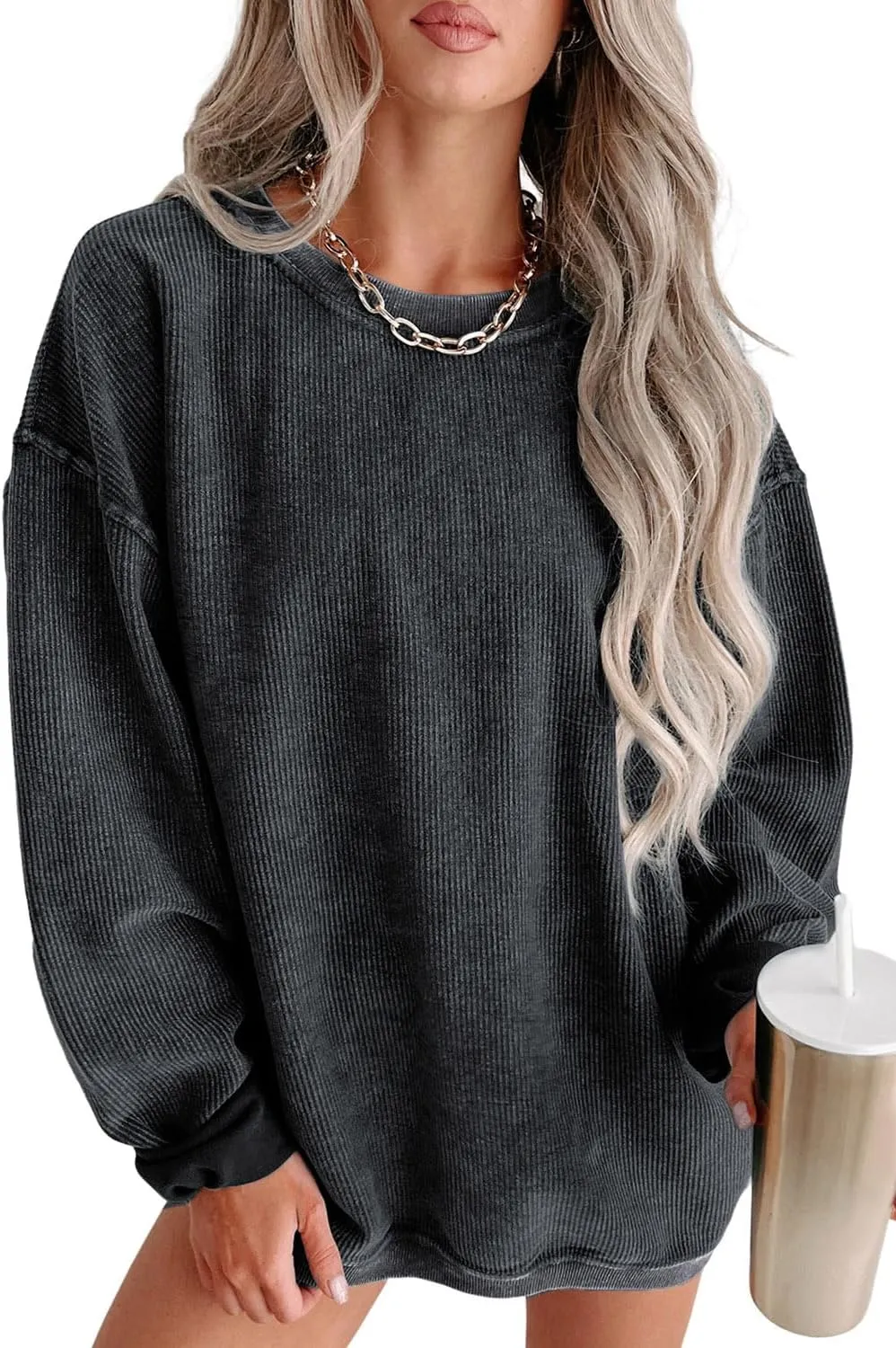 Womens Casual Corduroy Corded Crewneck Oversized Sweatshirts Pullover Loose Long Sleeve Solid Fall Tops Tunics Shirts