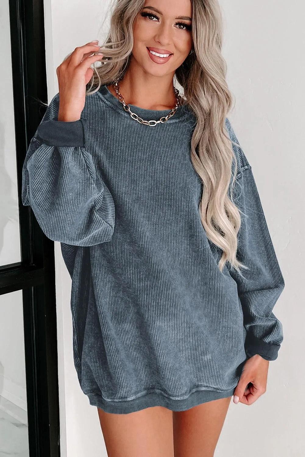 Womens Casual Corduroy Corded Crewneck Oversized Sweatshirts Pullover Loose Long Sleeve Solid Fall Tops Tunics Shirts