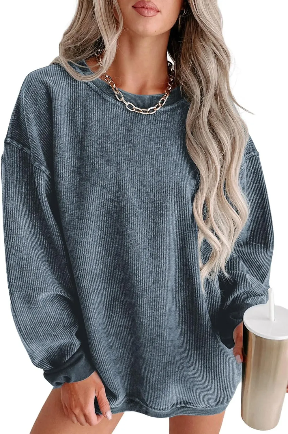 Womens Casual Corduroy Corded Crewneck Oversized Sweatshirts Pullover Loose Long Sleeve Solid Fall Tops Tunics Shirts