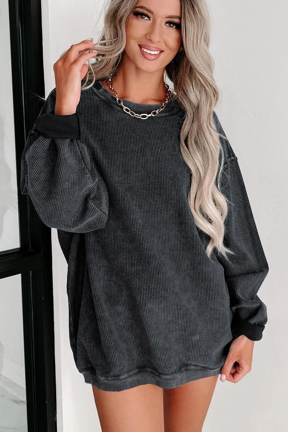 Womens Casual Corduroy Corded Crewneck Oversized Sweatshirts Pullover Loose Long Sleeve Solid Fall Tops Tunics Shirts