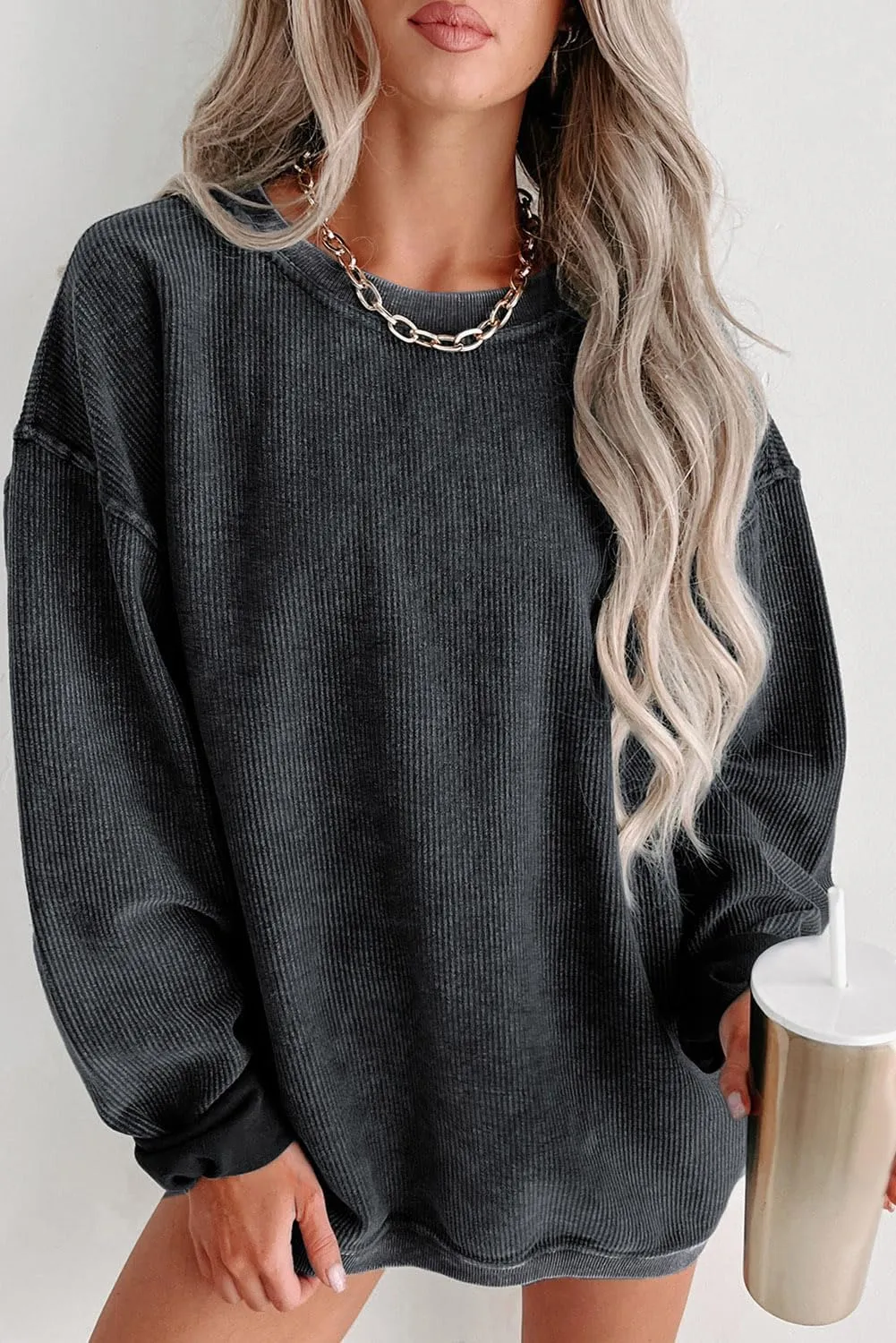 Womens Casual Corduroy Corded Crewneck Oversized Sweatshirts Pullover Loose Long Sleeve Solid Fall Tops Tunics Shirts