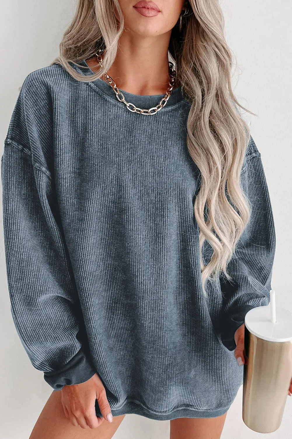 Womens Casual Corduroy Corded Crewneck Oversized Sweatshirts Pullover Loose Long Sleeve Solid Fall Tops Tunics Shirts
