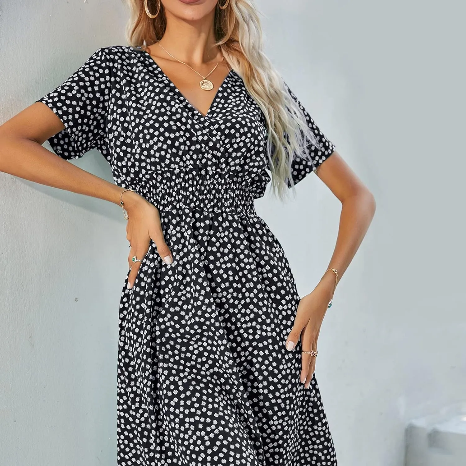 Women's Casual Dresses Fashion V-Neck Boho Printed Short Sleeve Elastic Waist A Line Mini Dress, S-XL