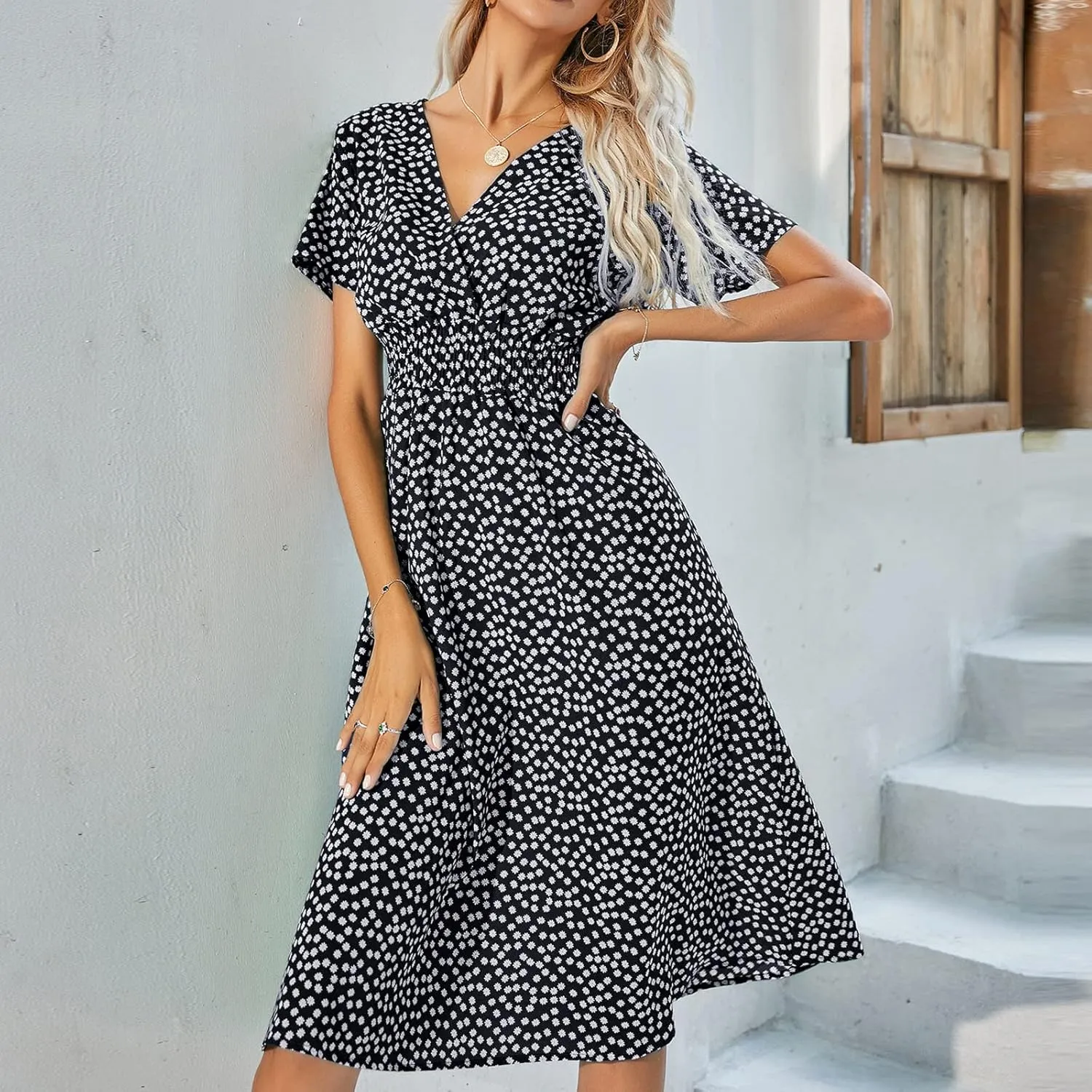 Women's Casual Dresses Fashion V-Neck Boho Printed Short Sleeve Elastic Waist A Line Mini Dress, S-XL