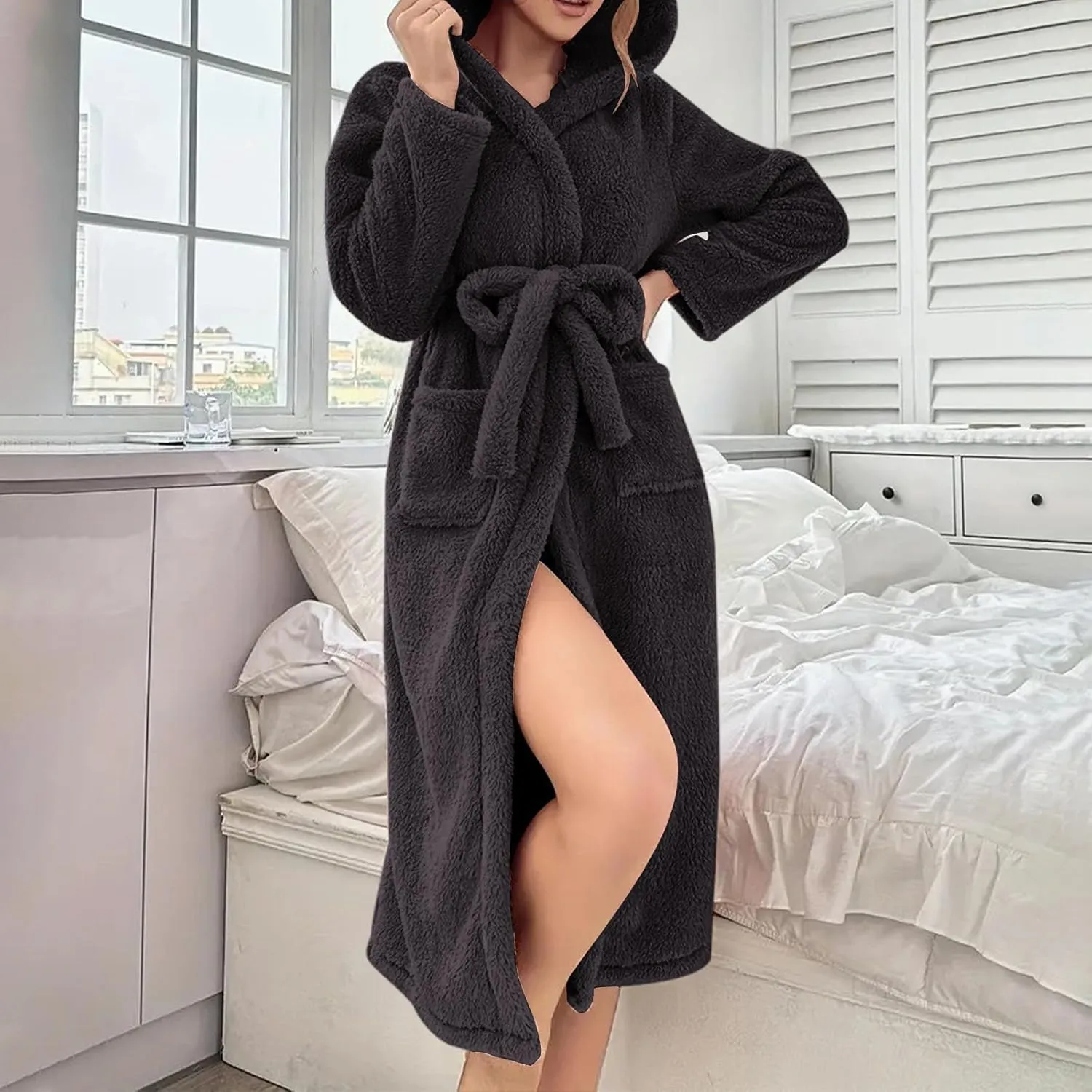 Women's Casual Long Sleeve Hooded Bathrobes Loose Soft Kimono Pajamas Winter Fleece Thick Sleepwear Nightgown