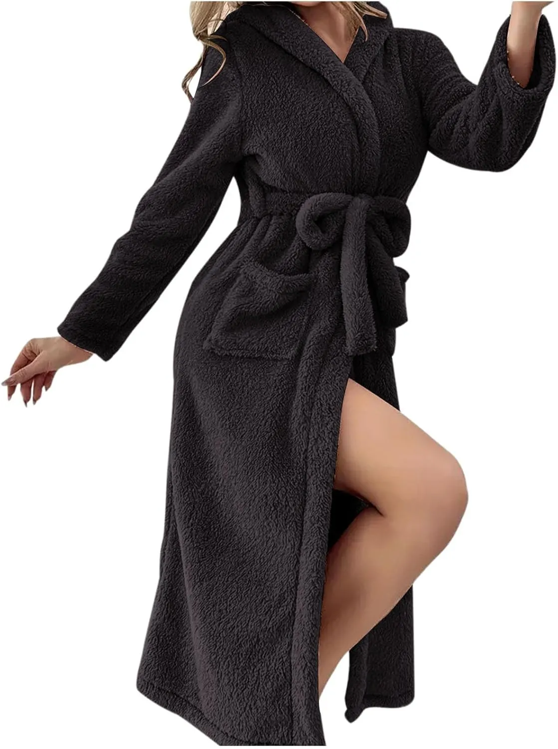 Women's Casual Long Sleeve Hooded Bathrobes Loose Soft Kimono Pajamas Winter Fleece Thick Sleepwear Nightgown