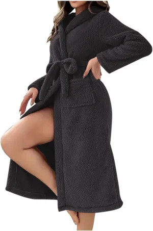 Women's Casual Long Sleeve Hooded Bathrobes Loose Soft Kimono Pajamas Winter Fleece Thick Sleepwear Nightgown