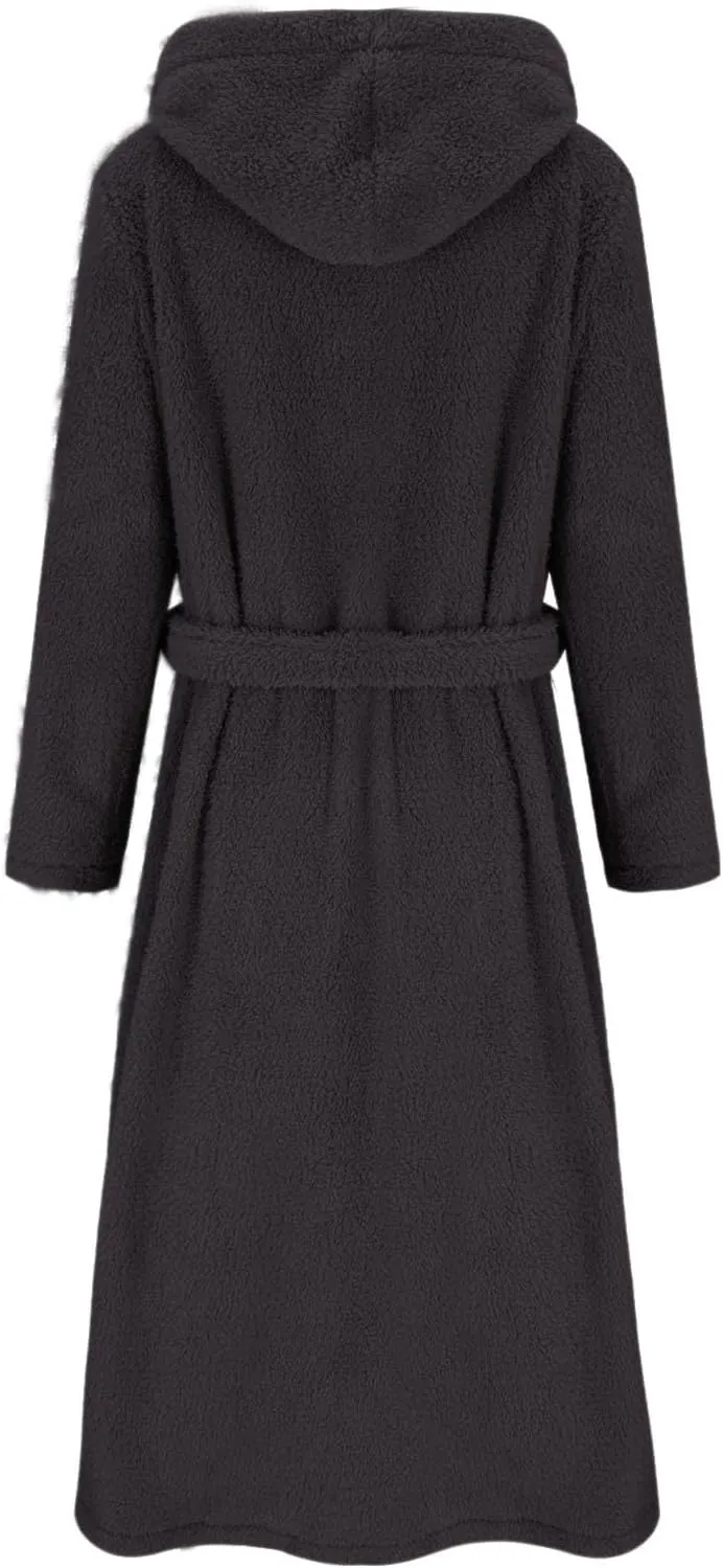 Women's Casual Long Sleeve Hooded Bathrobes Loose Soft Kimono Pajamas Winter Fleece Thick Sleepwear Nightgown