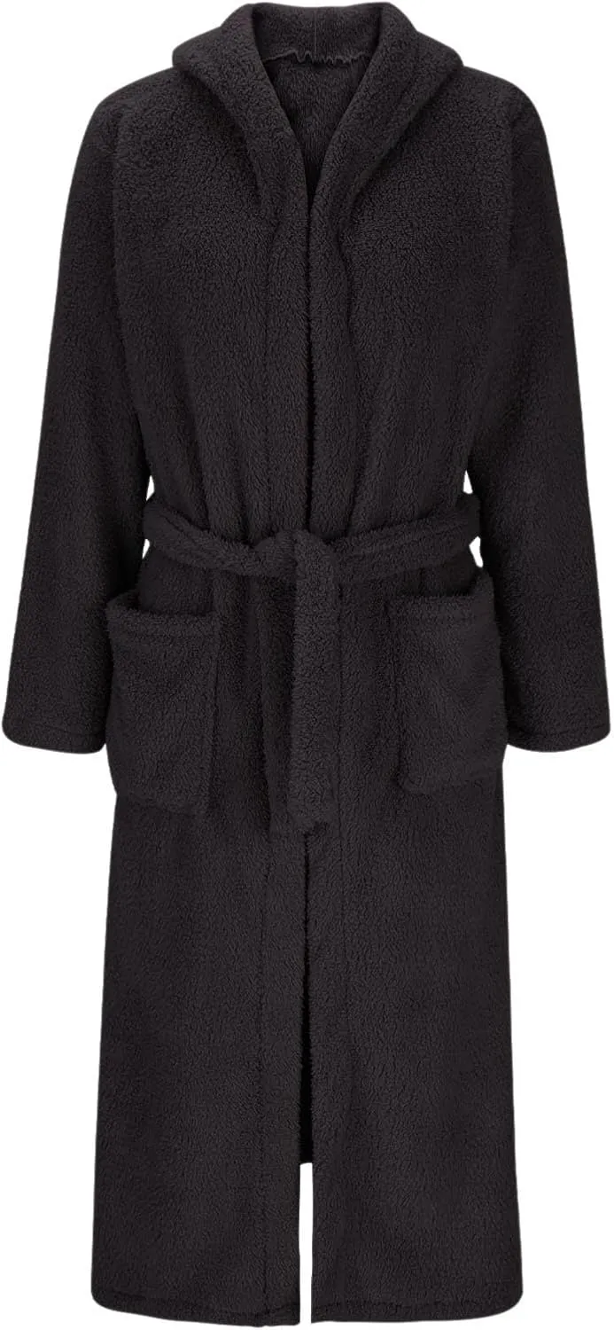 Women's Casual Long Sleeve Hooded Bathrobes Loose Soft Kimono Pajamas Winter Fleece Thick Sleepwear Nightgown