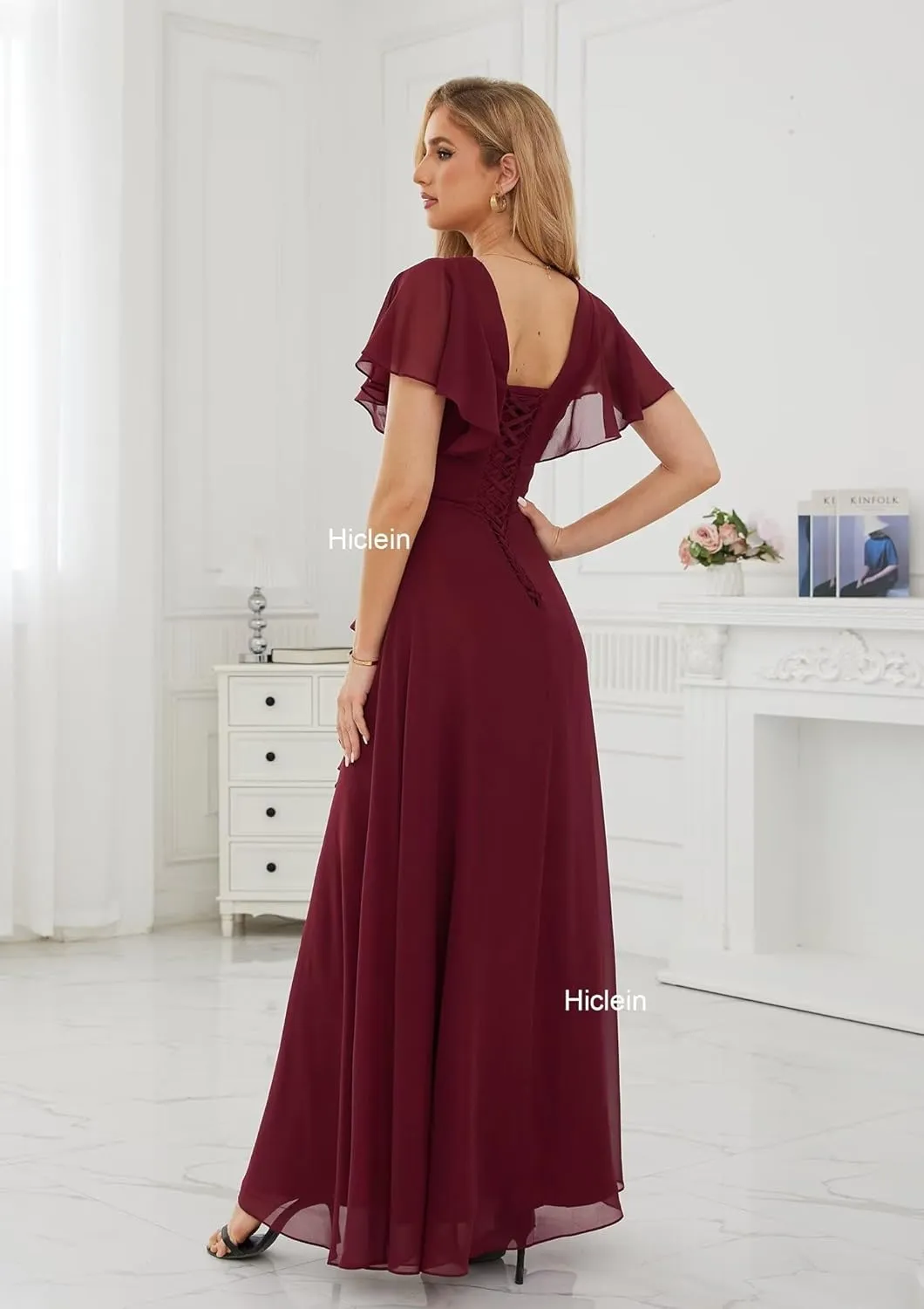 Women's Chiffon Bridesmaid Dresses with Sleeves V Neck Ruffle A Line Long Formal Evening Dress with Slit 2024