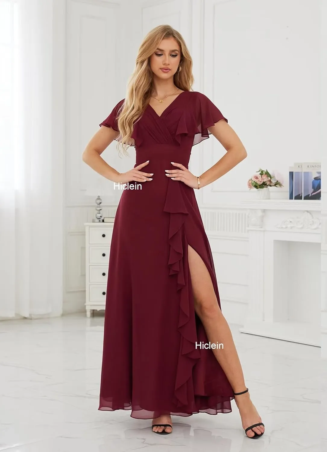 Women's Chiffon Bridesmaid Dresses with Sleeves V Neck Ruffle A Line Long Formal Evening Dress with Slit 2024