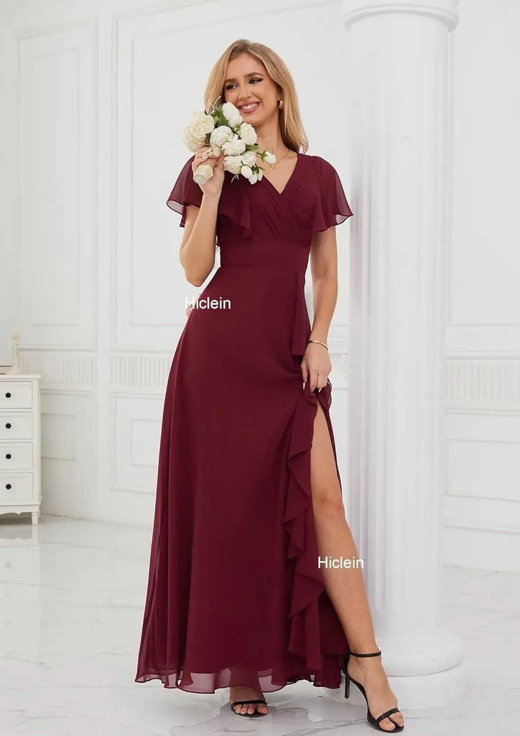 Women's Chiffon Bridesmaid Dresses with Sleeves V Neck Ruffle A Line Long Formal Evening Dress with Slit 2024