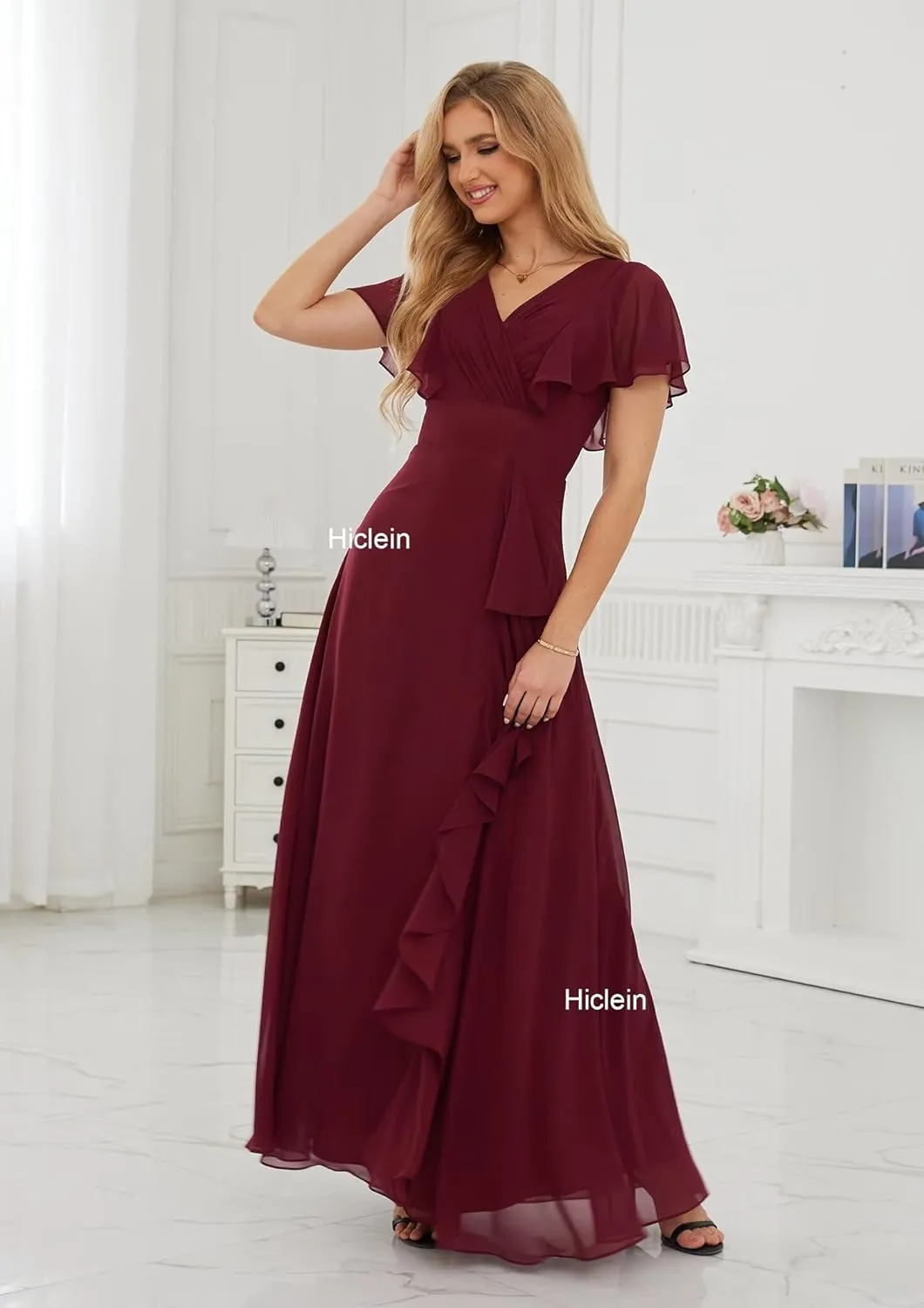 Women's Chiffon Bridesmaid Dresses with Sleeves V Neck Ruffle A Line Long Formal Evening Dress with Slit 2024