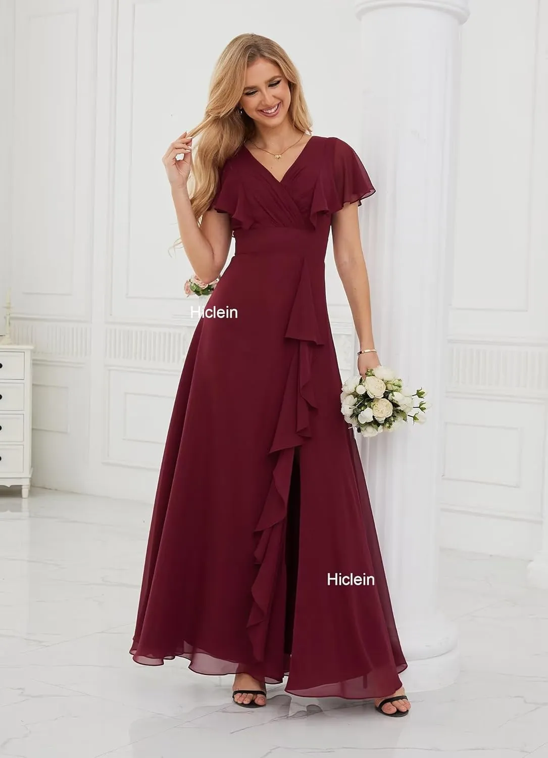 Women's Chiffon Bridesmaid Dresses with Sleeves V Neck Ruffle A Line Long Formal Evening Dress with Slit 2024