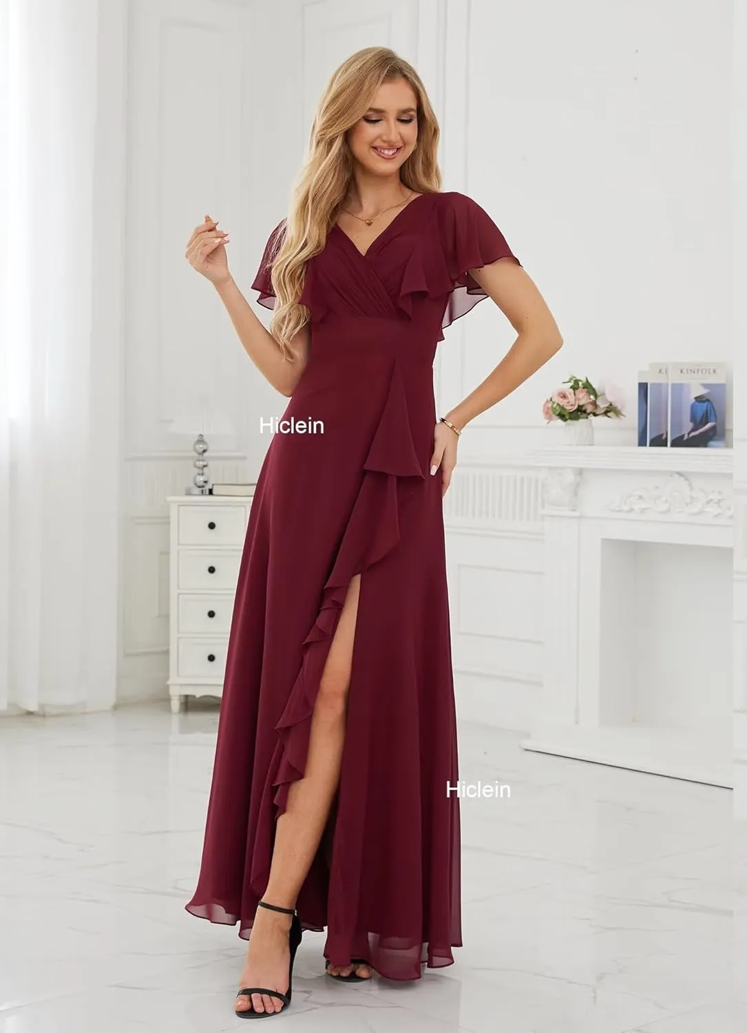 Women's Chiffon Bridesmaid Dresses with Sleeves V Neck Ruffle A Line Long Formal Evening Dress with Slit 2024