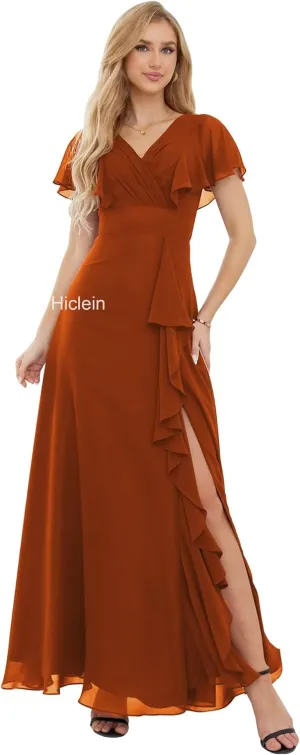 Women's Chiffon Bridesmaid Dresses with Sleeves V Neck Ruffle A Line Long Formal Evening Dress with Slit 2024