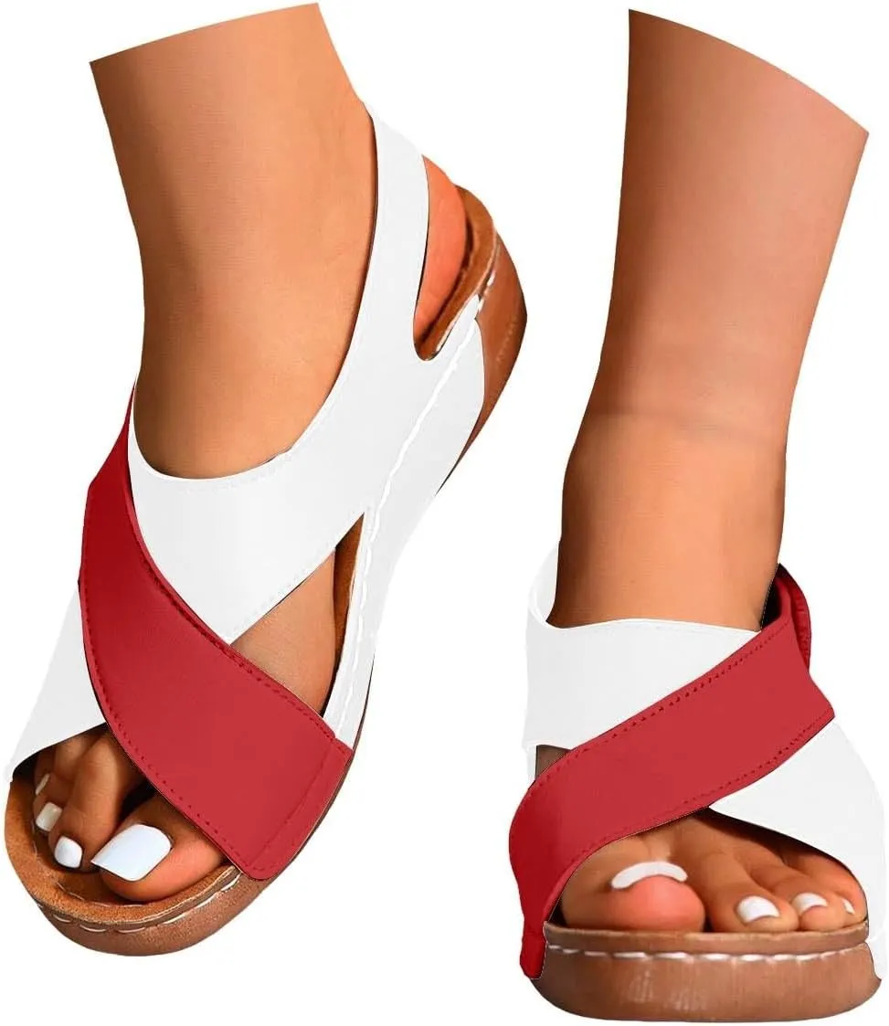 Women's Contrast Color Wedge Orthopedic Sandals 2025 Fish-Mouth Thick Sole Slip-On Round Toe Women Wedges Sandals