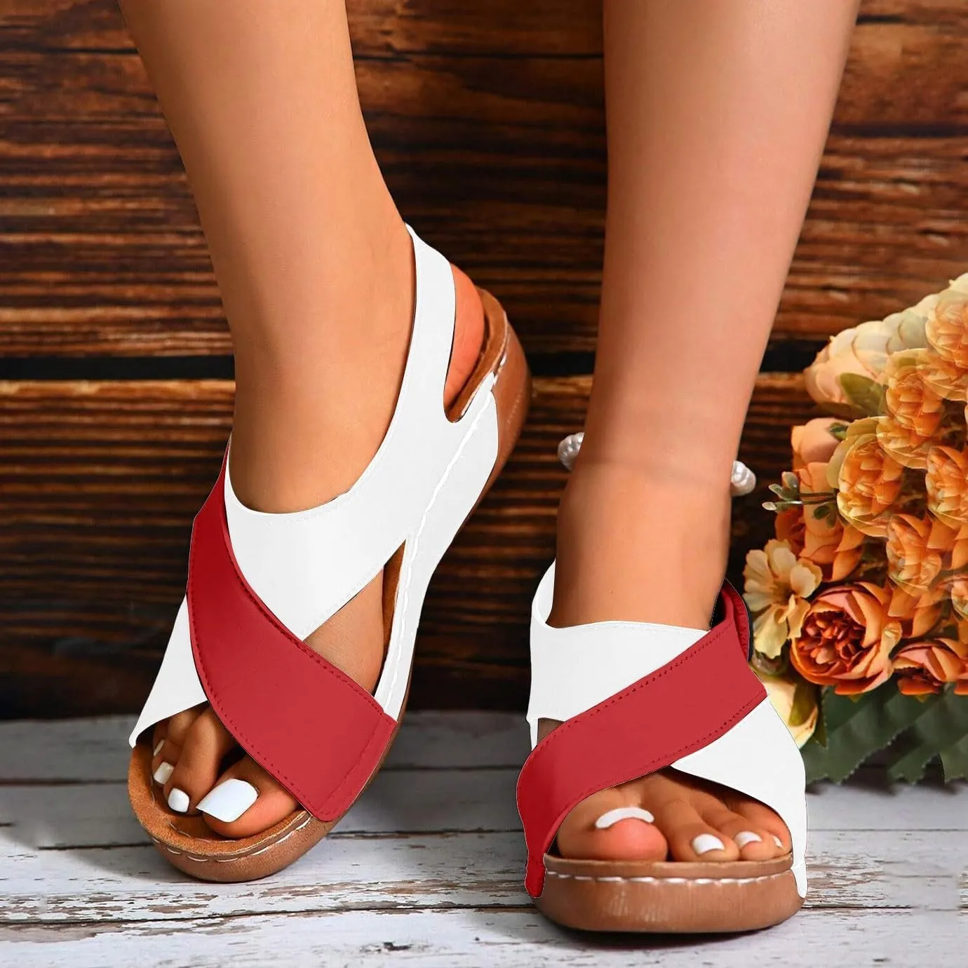 Women's Contrast Color Wedge Orthopedic Sandals 2025 Fish-Mouth Thick Sole Slip-On Round Toe Women Wedges Sandals