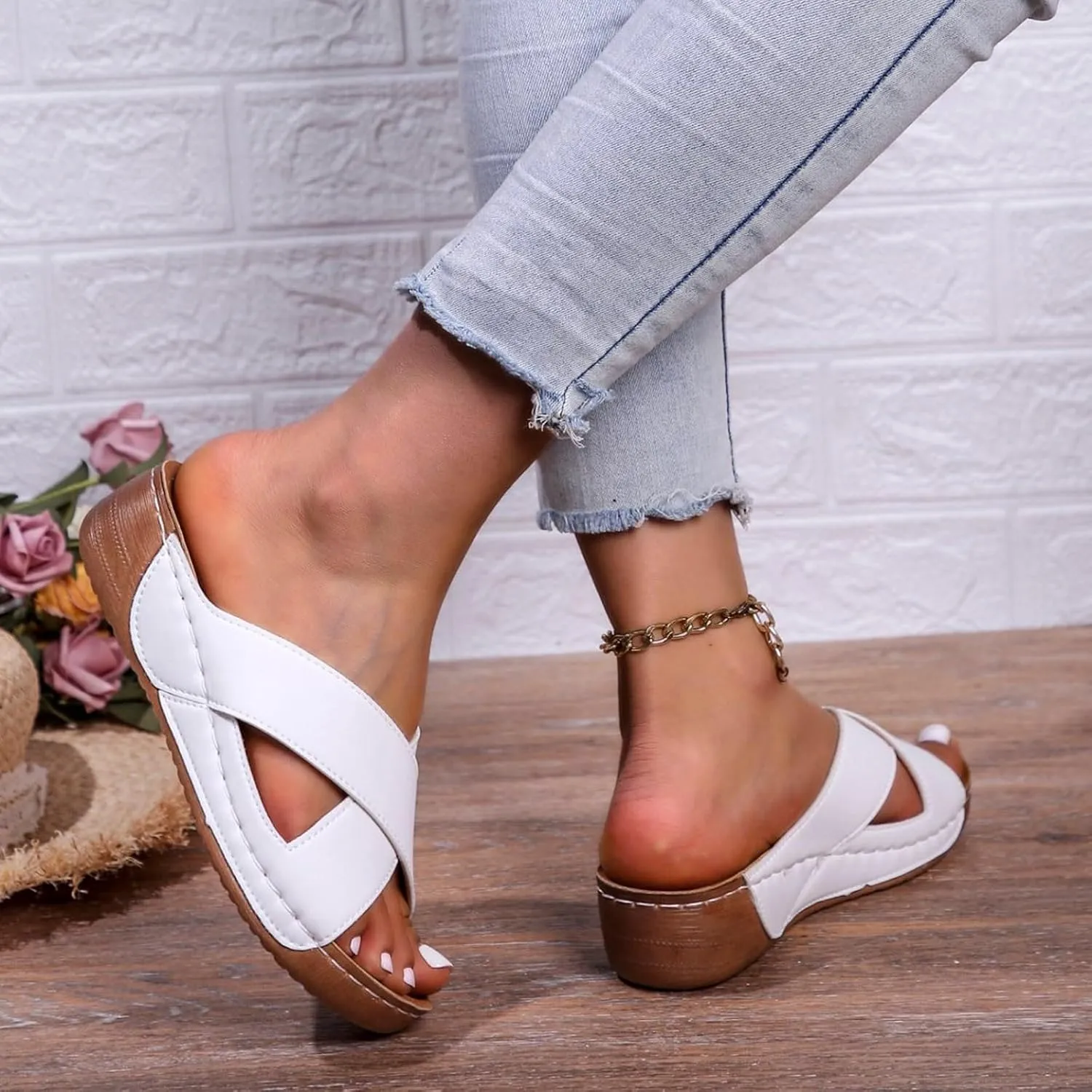 Women's Contrast Color Wedge Orthopedic Sandals 2025, Open Toe Sandal Dressy Casual Boho Summer Beach Sandals with Arch Support Comfortable Slip on Slides Fashion Dress Slippers