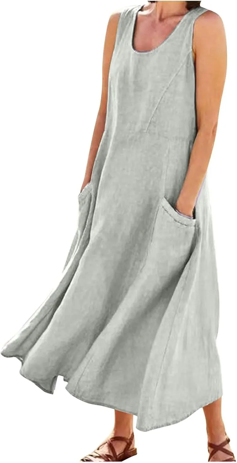 Women's Cotton Linen Long Dress Summer Sleeveless Flowy Maxi Dresses Plus Size Sundress with Pockets Beach Dress