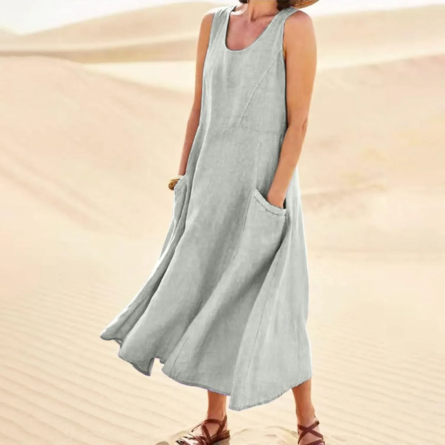 Women's Cotton Linen Long Dress Summer Sleeveless Flowy Maxi Dresses Plus Size Sundress with Pockets Beach Dress