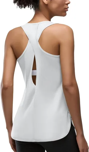 Women's Cross Backless Long Workout Tank Tops High Neck Sleeveless Racerback Shirts Open Back Athletic Clothes