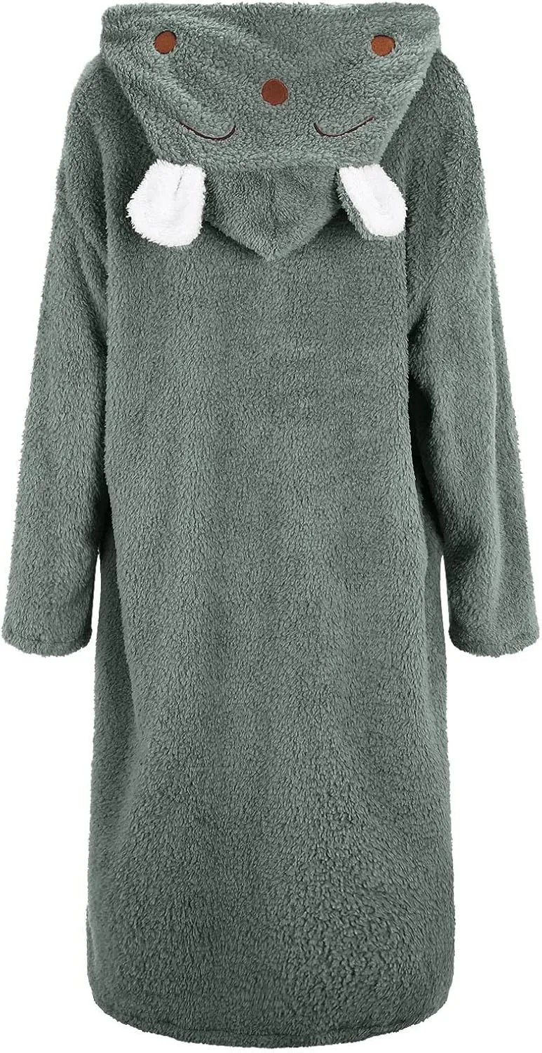 Women's Cute Bunny Ear Long Hooded Robe Plush Fleece Winter Soft Kimono Bathrobe Warm Fuzzy Spa Shower Robes Pockets