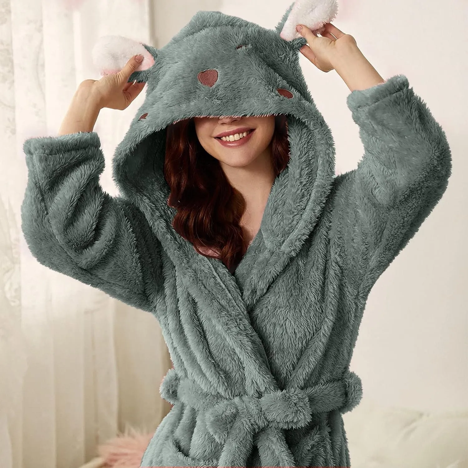 Women's Cute Bunny Ear Long Hooded Robe Plush Fleece Winter Soft Kimono Bathrobe Warm Fuzzy Spa Shower Robes Pockets