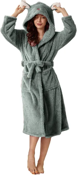 Women's Cute Bunny Ear Long Hooded Robe Plush Fleece Winter Soft Kimono Bathrobe Warm Fuzzy Spa Shower Robes Pockets