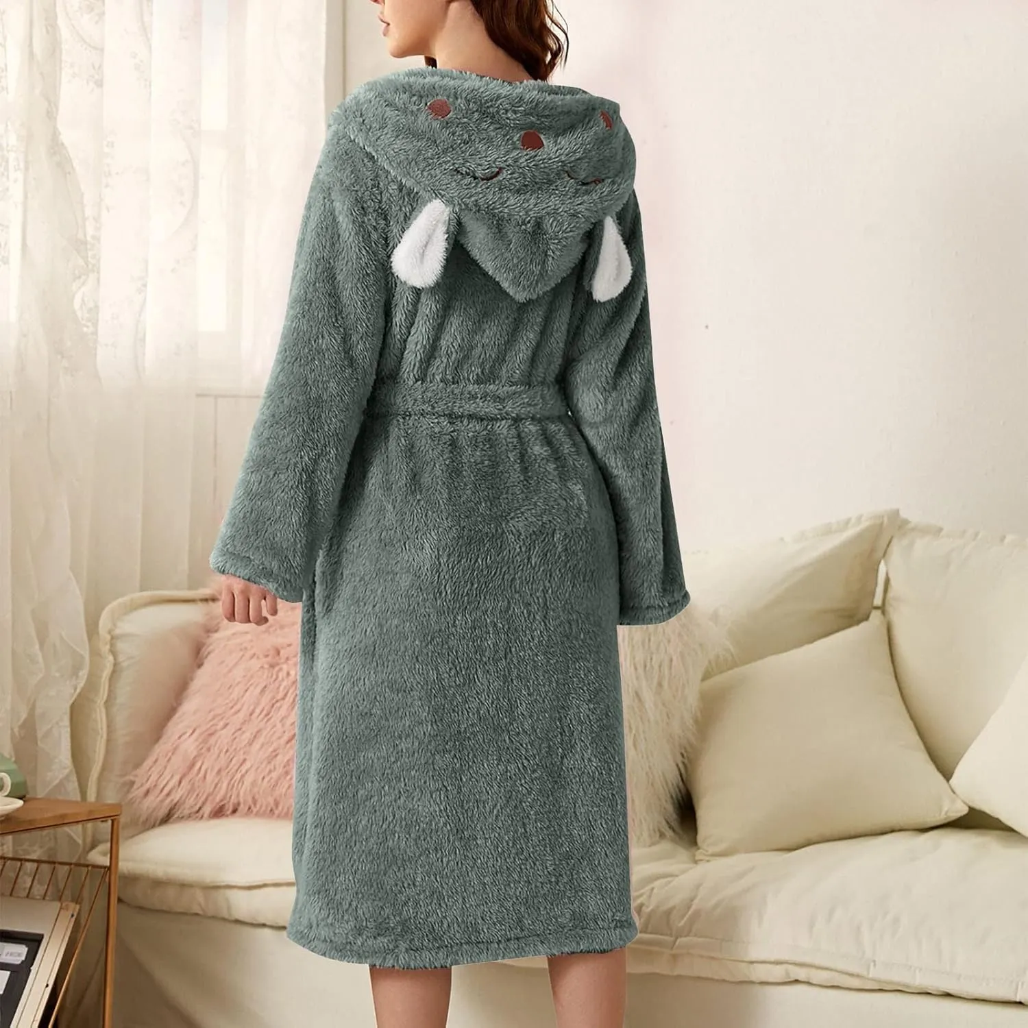 Women's Cute Bunny Ear Long Hooded Robe Plush Fleece Winter Soft Kimono Bathrobe Warm Fuzzy Spa Shower Robes Pockets
