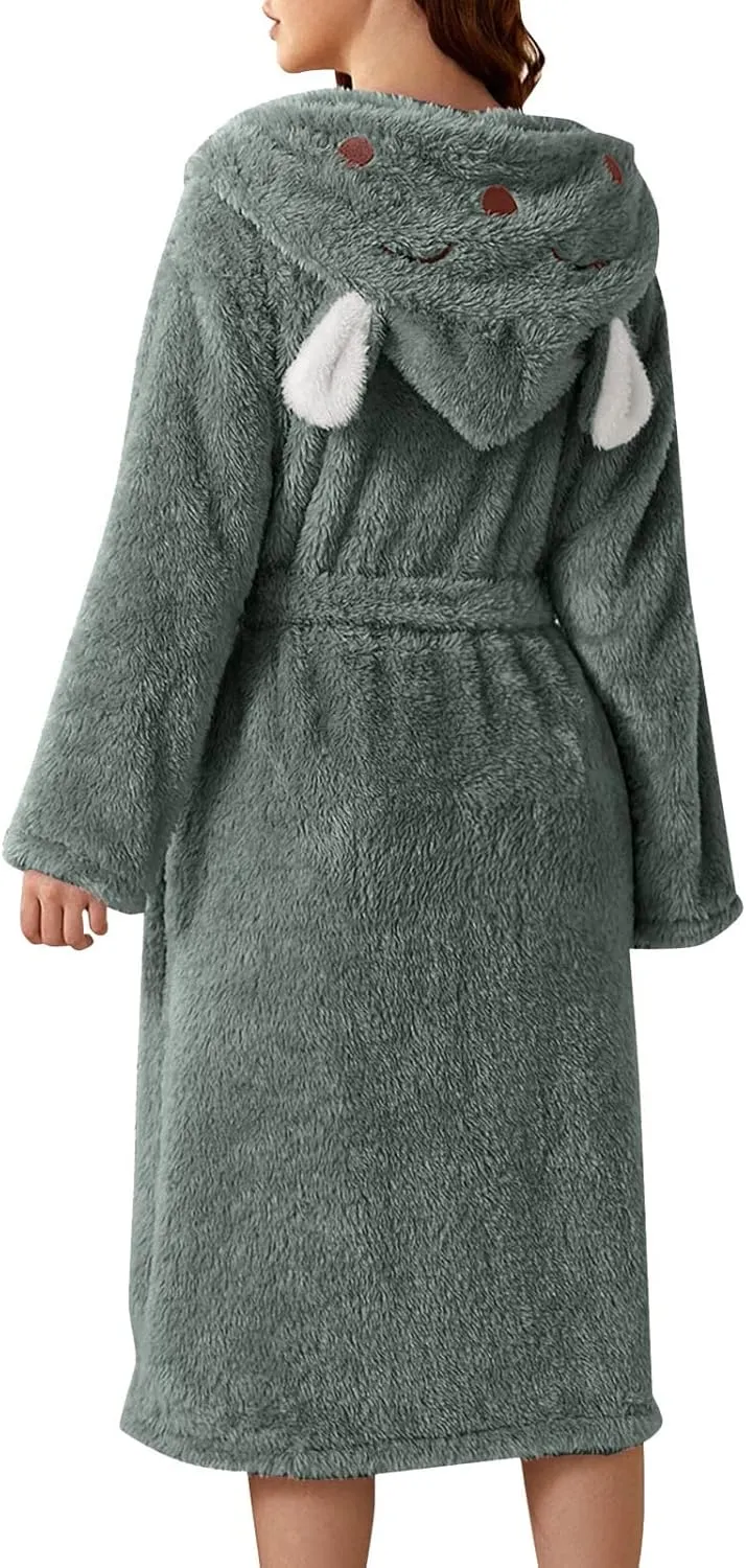 Women's Cute Bunny Ear Long Hooded Robe Plush Fleece Winter Soft Kimono Bathrobe Warm Fuzzy Spa Shower Robes Pockets