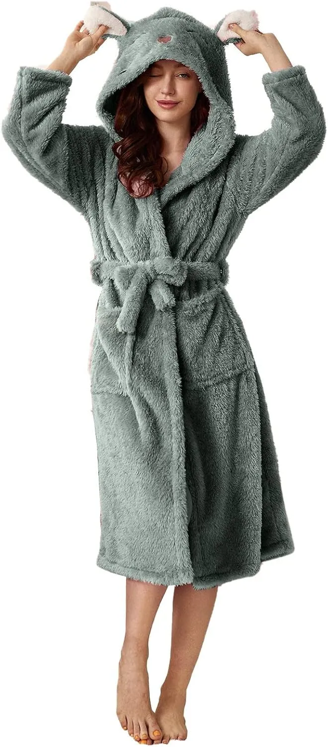 Women's Cute Bunny Ear Long Hooded Robe Plush Fleece Winter Soft Kimono Bathrobe Warm Fuzzy Spa Shower Robes Pockets