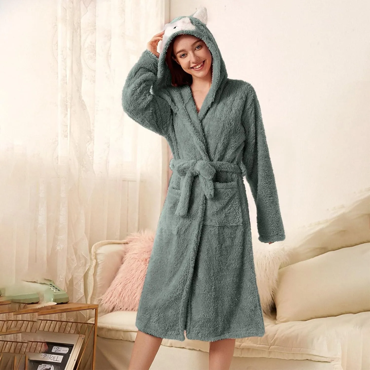 Women's Cute Bunny Ear Long Hooded Robe Plush Fleece Winter Soft Kimono Bathrobe Warm Fuzzy Spa Shower Robes Pockets