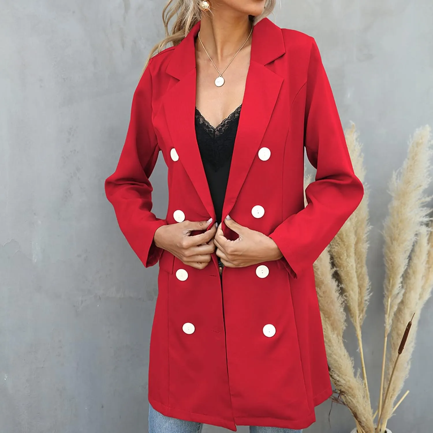 Women's Double Breasted Trench Coats Notched Lapel Belted Long Blazer Overcoat Elegant Business Casual Suit Jackets