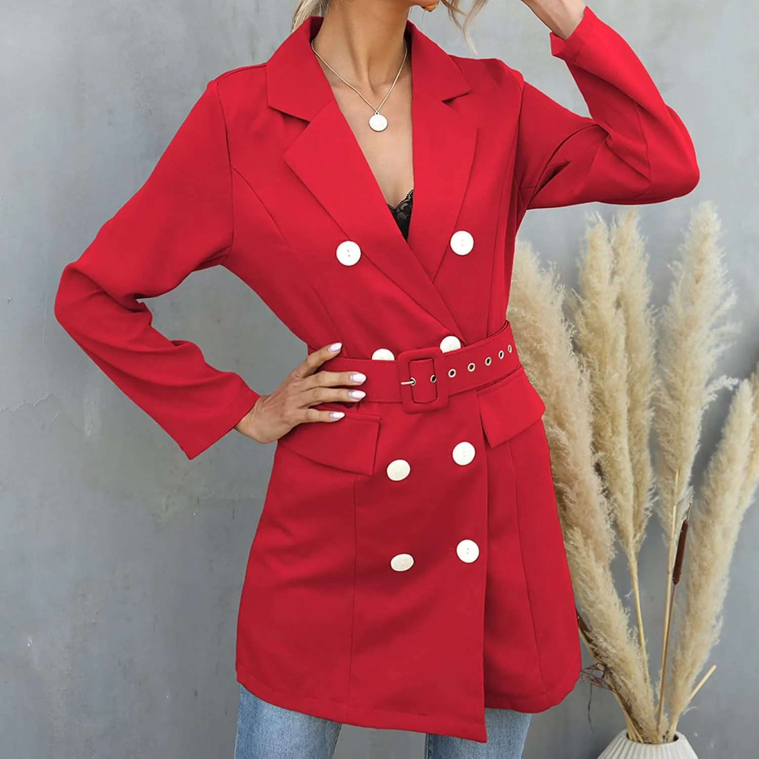 Women's Double Breasted Trench Coats Notched Lapel Belted Long Blazer Overcoat Elegant Business Casual Suit Jackets