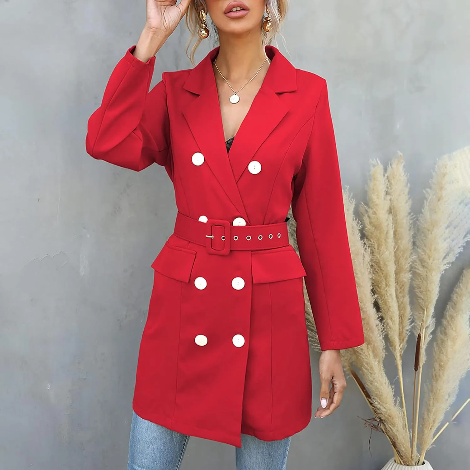 Women's Double Breasted Trench Coats Notched Lapel Belted Long Blazer Overcoat Elegant Business Casual Suit Jackets