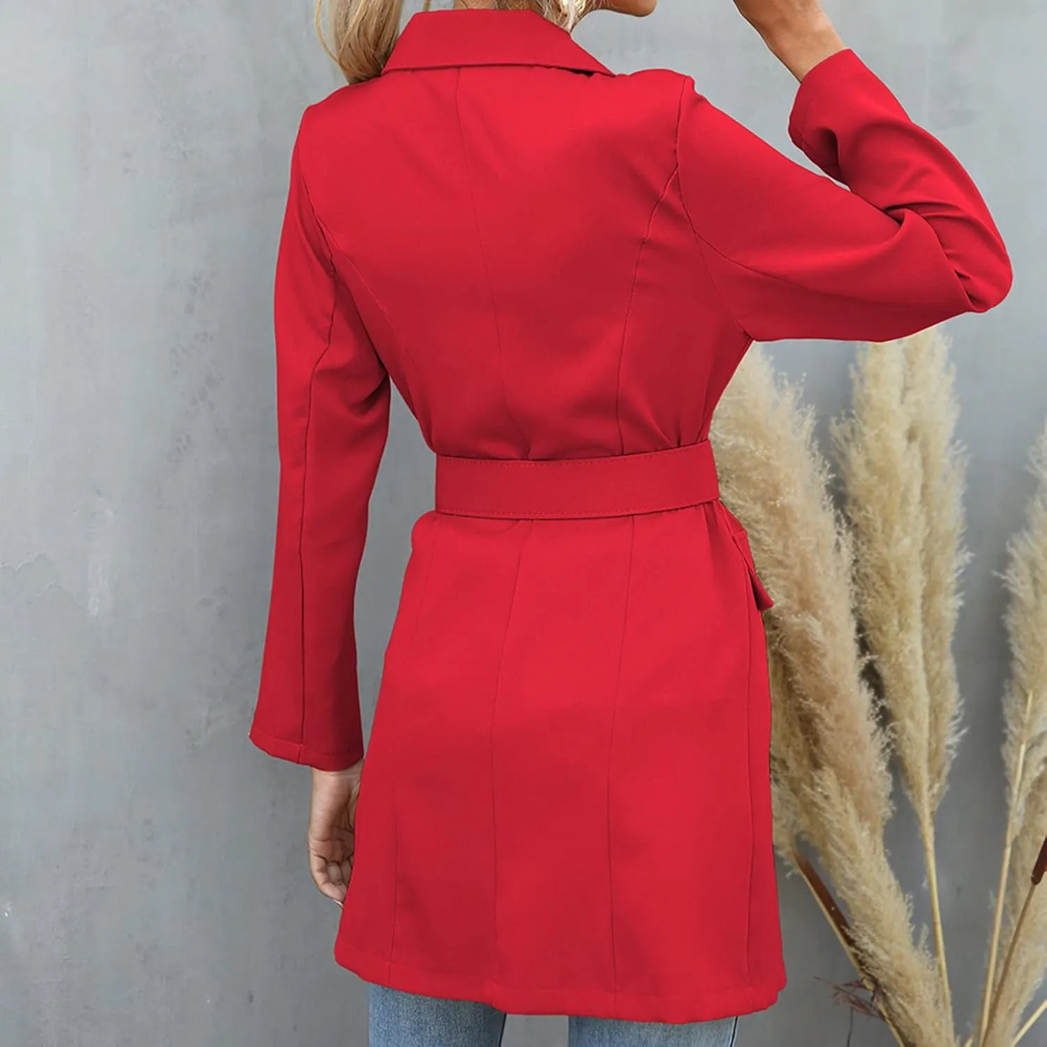 Women's Double Breasted Trench Coats Notched Lapel Belted Long Blazer Overcoat Elegant Business Casual Suit Jackets