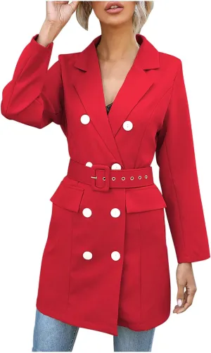 Women's Double Breasted Trench Coats Notched Lapel Belted Long Blazer Overcoat Elegant Business Casual Suit Jackets