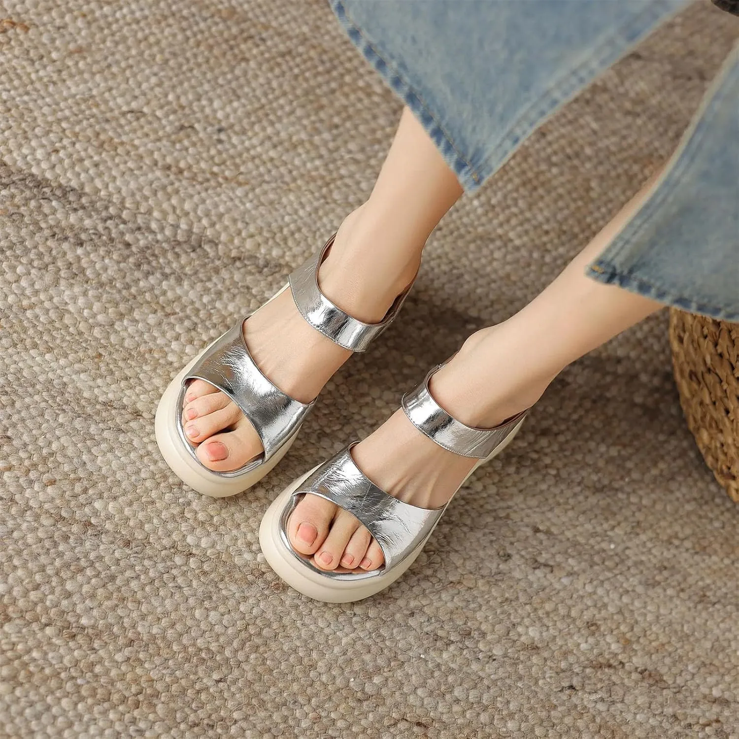Women's Genuine Leather Gold Mules - Thick Bottom Platform Summer Preppy Casual