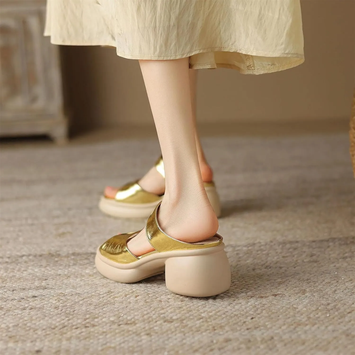 Women's Genuine Leather Gold Mules - Thick Bottom Platform Summer Preppy Casual