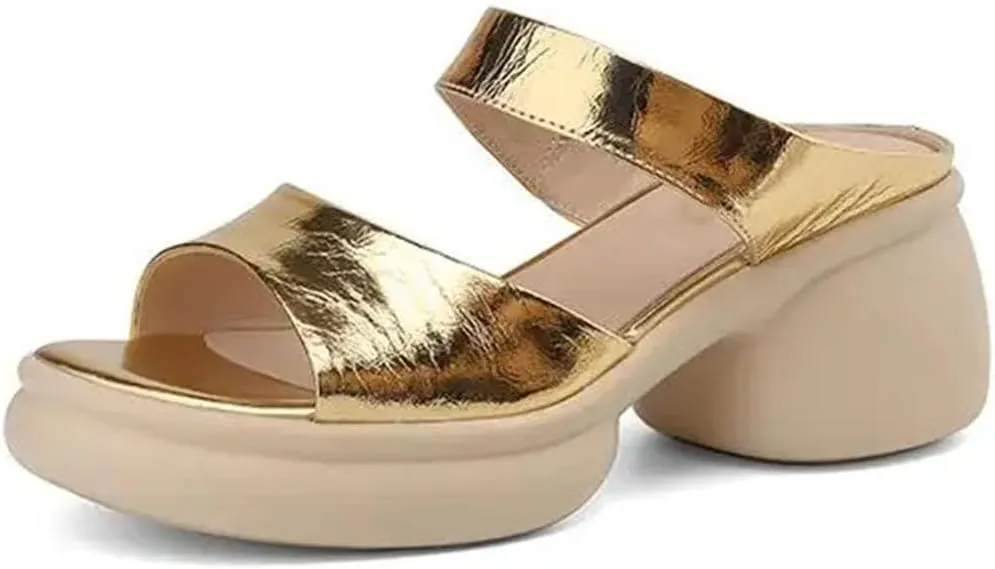 Women's Genuine Leather Gold Mules - Thick Bottom Platform Summer Preppy Casual