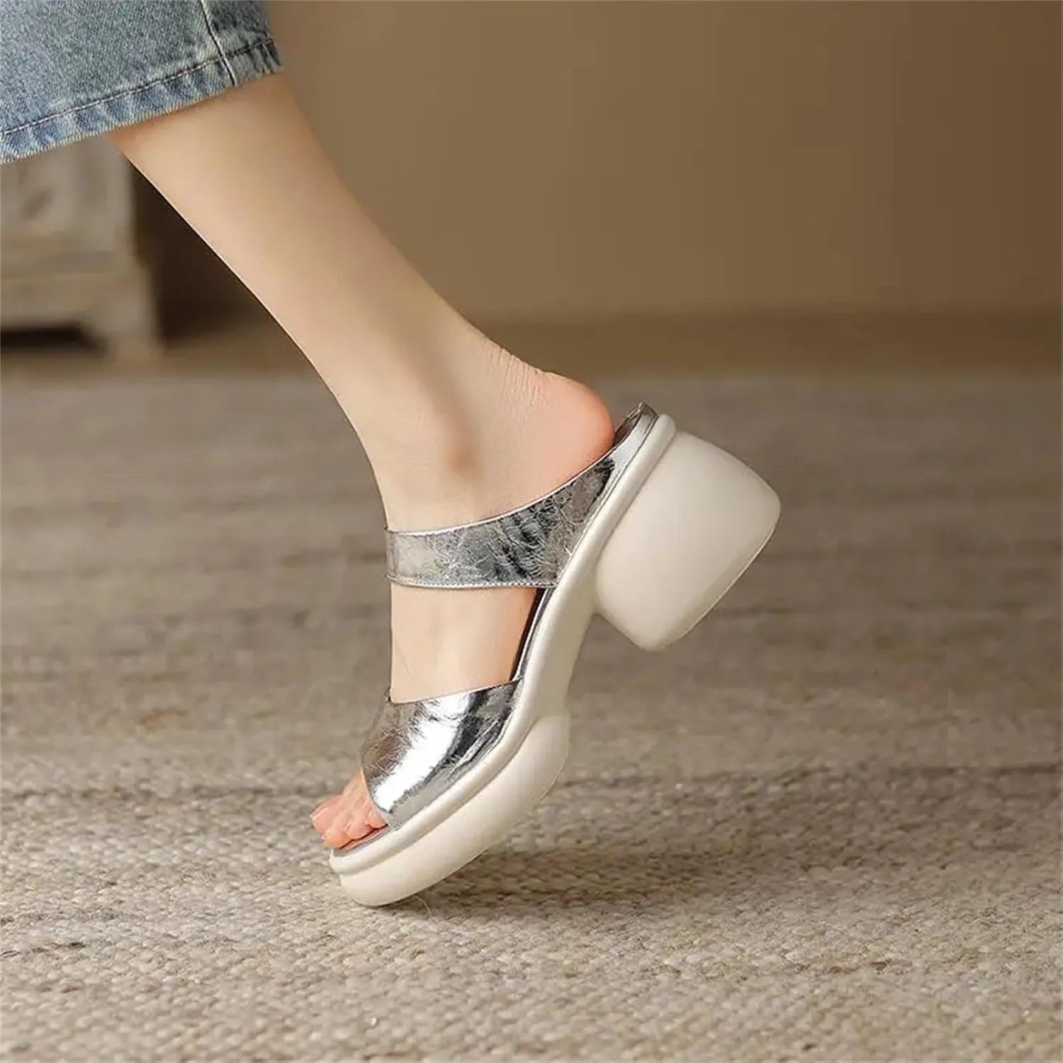 Women's Genuine Leather Gold Mules - Thick Bottom Platform Summer Preppy Casual