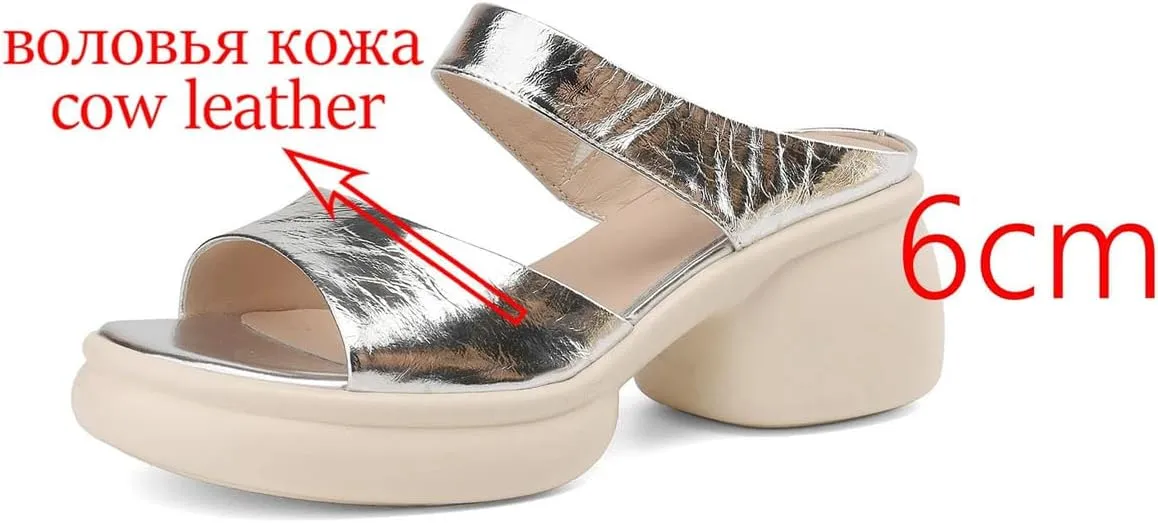 Women's Genuine Leather Gold Mules - Thick Bottom Platform Summer Preppy Casual