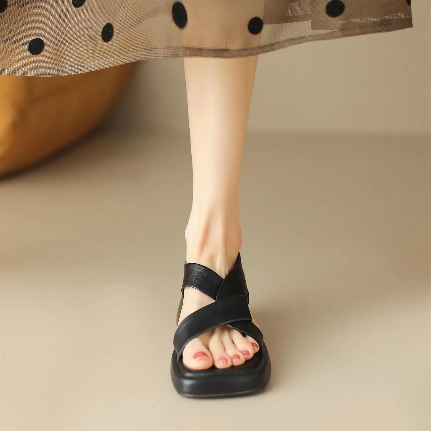 Women's Gladiator Cow Leather Mules - Med Heels Flat Platform Summer Street Wear