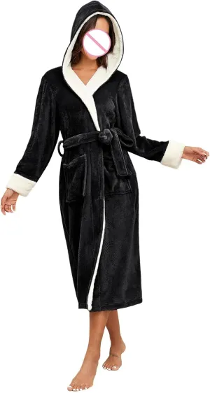 Womens Hooded Plush Robes Soft Bathrobe for Womens Fluffy Warm Fleece Sherpa Shaggy Bathrobe Plush Long Spa Robe