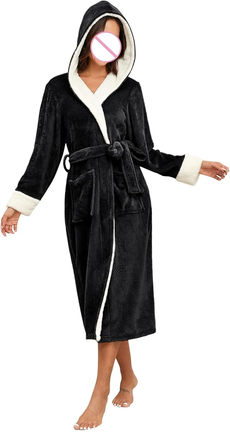 Womens Hooded Plush Robes Soft Bathrobe for Womens Fluffy Warm Fleece Sherpa Shaggy Bathrobe Plush Long Spa Robe