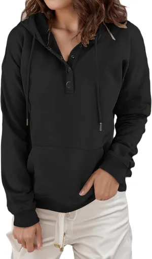 Women's Hoodies Button Down Oversize Hooded Sweatshirts Casual Long Sleeve Drawstring Pullover Tops with Pocket