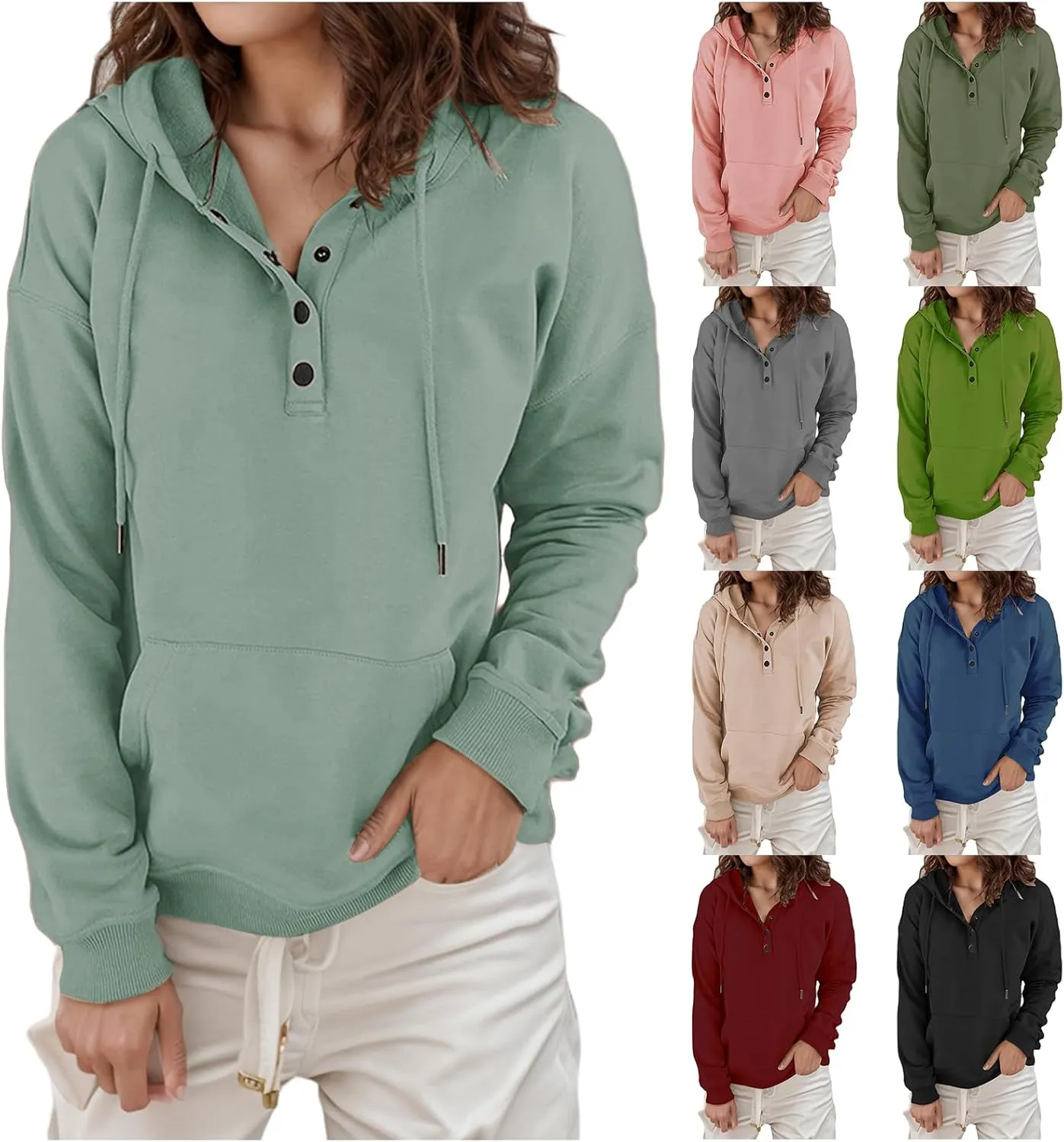 Women's Hoodies Button Down Oversize Hooded Sweatshirts Casual Long Sleeve Drawstring Pullover Tops with Pocket