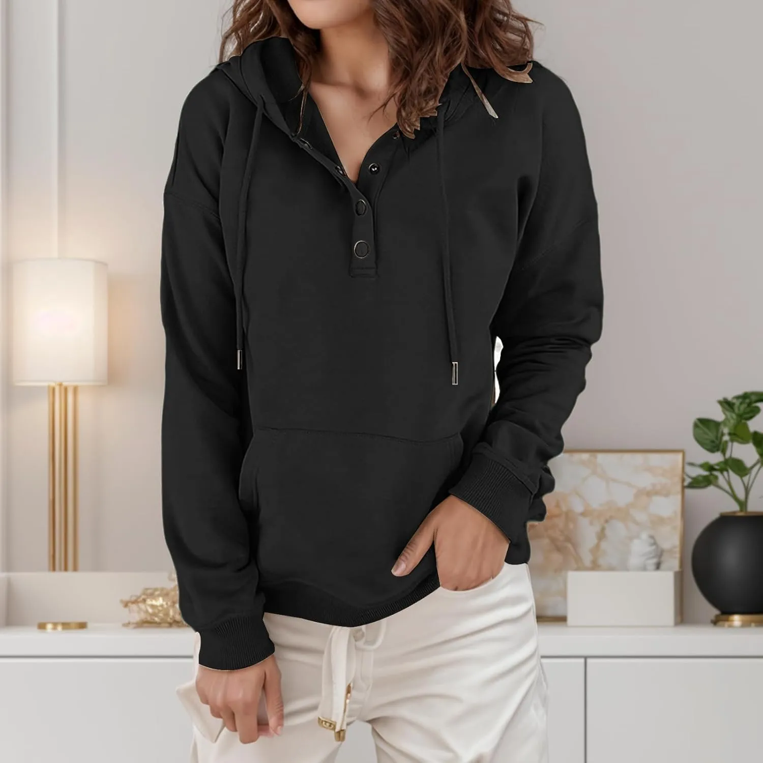 Women's Hoodies Button Down Oversize Hooded Sweatshirts Casual Long Sleeve Drawstring Pullover Tops with Pocket