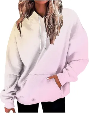Women's Hoodies Oversized Gradient Long Sleeve Casual Sweatshirts Plus Size Drawstring Large Pocket Pullover Tops